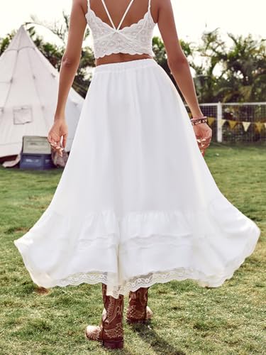 Verdusa Women's Western Cowgirl Lace Skirt Boho Asymmetrical Skirts Country Concert Outfits White X-Small
