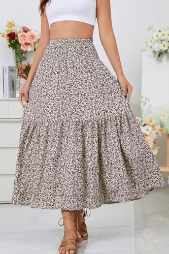 PRSFPN Women's Boho Maxi Skirt Floral Printed Smocked High Waist Long Skirts with Pockets Flowy Ruffle A-Line Summer Beach (Khaki Floral, Small)