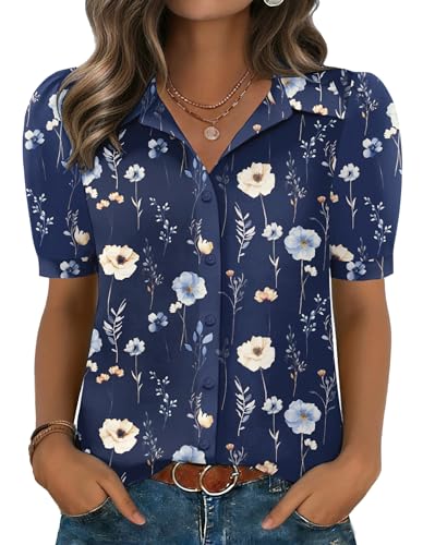 Zeagoo Womens Blouses Short Sleeve Business Casual Top Dark Print Floral Button Down Shirts Spring Summer Outfit