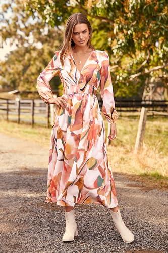 PRETTYGARDEN Women's Floral Midi Dress Casual Fall V Neck Long Sleeve Flowy Spring Beach Wedding Guest Vacation Dresses (Pink Watercolour,Large)