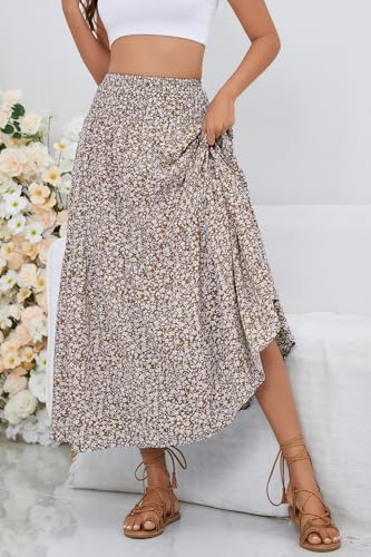PRSFPN Women's Boho Maxi Skirt Floral Printed Smocked High Waist Long Skirts with Pockets Flowy Ruffle A-Line Summer Beach (Khaki Floral, Small)