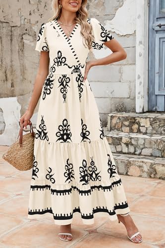 PRETTYGARDEN Womens 2026 Summer Casual V Neck Boho Maxi Dress Flowy Aline Bell Sleeve Tiered Floral Dresses with Pocket (Floral Apricot Black,Medium)