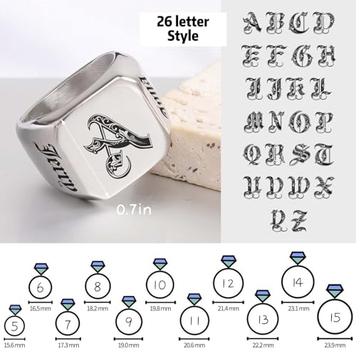 MOTICIUS Personalized Signet Rings for Men Women Engraved Ring Custom Initial Ring Mens Rings Customized Memorial Gifts for Father Husband Boyfriend Teacher (Square Silver)