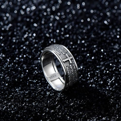 Lattd Cross Ring for Men 925 Sterling Silver Our Father Prayer Spinner Band Rings Size 11 Christian Jewelry for Dad Husband