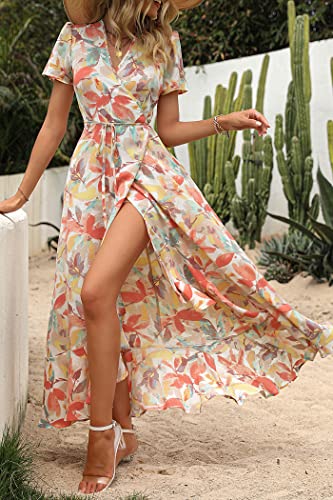 PRETTYGARDEN Women's Summer Wrap Maxi Dress Casual Boho Floral V Neck Short Sleeve Ruffle Hem Split Beach Long Dresses (White Floral,Medium)
