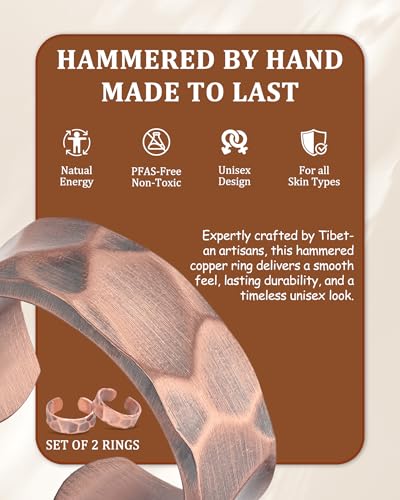 Fashtour 100% Pure Copper Rings for Women & Men (Two-Pack) — Solid Raw Copper — Uncoated Handmade Adjustable Open-End Tibetan Style Rings (Hammered)