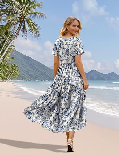 YESNO Women's Summer Maxi Dresses Casual Floral Short Sleeve V Neck Boho Beach Vacation Swing Dress with Pockets 2XL EVF CR425B