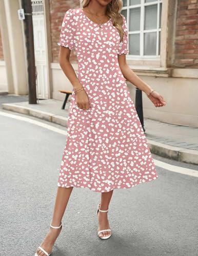 Zeagoo Ladies Dresses Floral Casual Summer Dresses for Women Short Sleeve Dress Womens Midi Dress 2026 Boho Sundress, Pink Dot,L
