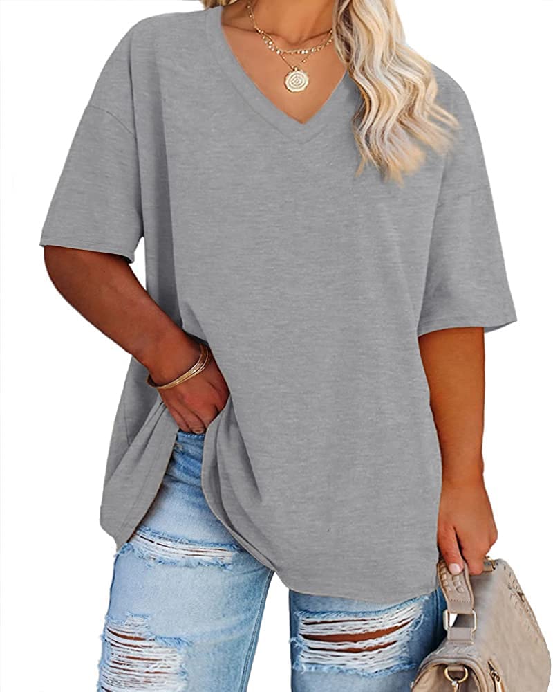 Cato Fashions Online - Women's Plus Size V-Neck Cotton T-Shirts - Summer Half Sleeve Casual Loose Fit Tunic Tops Light Grey