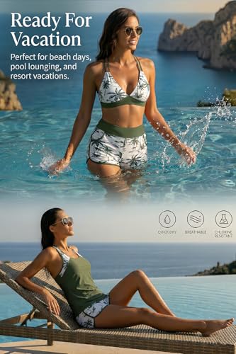Daci Green Palm Tree Women 3 Piece Tankini Swimsuits - Tummy Control Tank Top with Bra Modest Bathing Suit with Pockets Boyshorts Bottom 2026 L