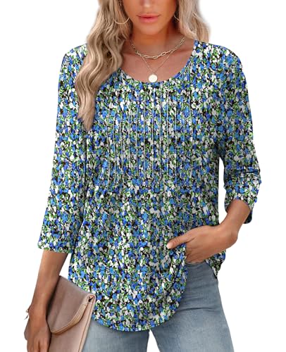 XIEERDUO Womens Tops Dressy Casual Summer 3/4 Length Sleeve Tops Women Blouses Early Spring Fashion Clothing Outfits 2026 Beach Vacation Spring Clothes F-Blue Floral XL