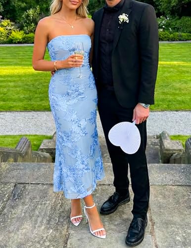 ZESICA Women's Summer Strapless Floral Midi Dress 2026 Bodycon Mesh Tube Wedding Guest Cocktail Party Formal Dresses Blue Medium