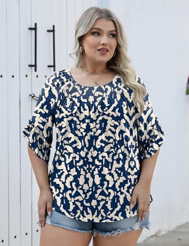 Women's Plus-Size Fashion 2025 Trendy Womens 3/4 Sleeve Tops and Blouses Ruffle Bell Sleeve Pleated Dressy Casual Tops