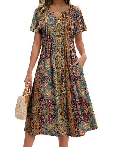 Zeagoo Women Summer Dress with Pocket Casual Short Sleeve Floral Midi A-Line Flowy Beach Vacation 2026 Tropical Boho Loose Henley V Neck