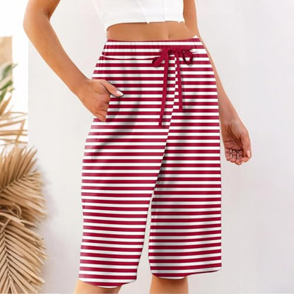 Womens Bermuda Shorts Linen Knee Length Plus Size Elastic Waist Loose Baggy Red Women Shorts for Seniors High Waisted Beach Vacation Flowy Red Capri Pants Linen Clothes for Seniors