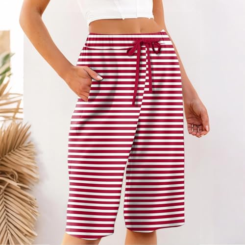 Womens Bermuda Shorts Linen Knee Length Plus Size Elastic Waist Loose Baggy Red Women Shorts for Seniors High Waisted Beach Vacation Flowy Red Capri Pants Linen Clothes for Seniors
