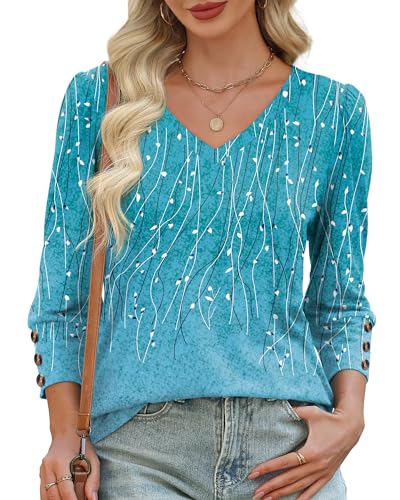 XIEERDUO Blouses for Women Dressy Casual Fall Clothes Fashion Clothing School Outfits for Teachers 2026 Womens 3/4 Length Sleeve Tops Business F-Blue Dotted Lines XL