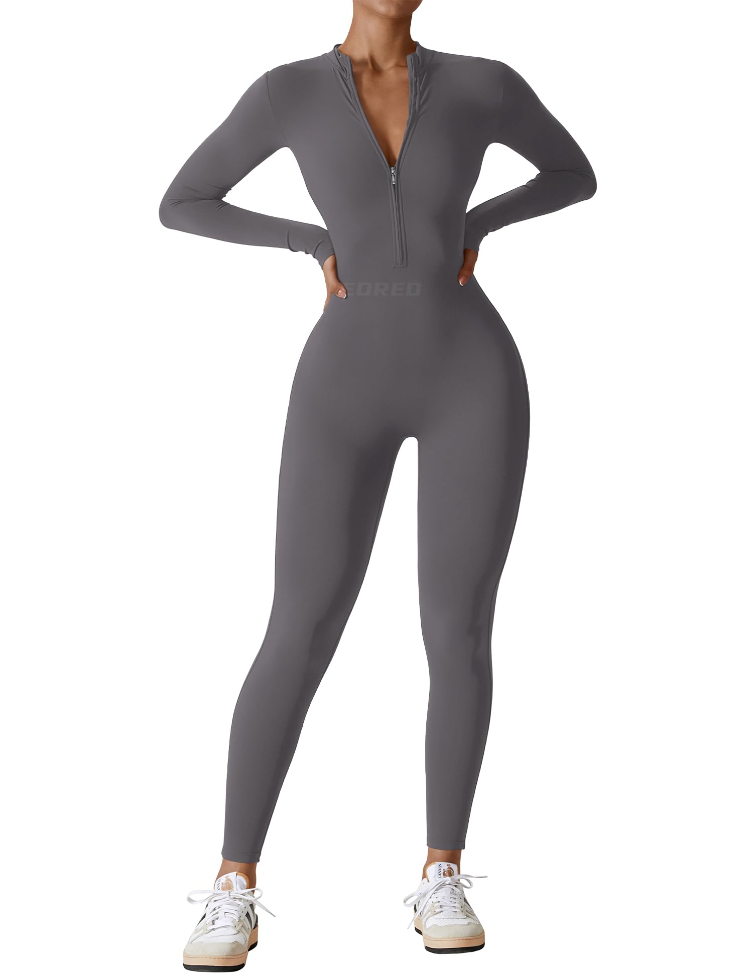 Women's Long Sleeve Workout Jumpsuit - Zip Up Bodycon Romper One Piece