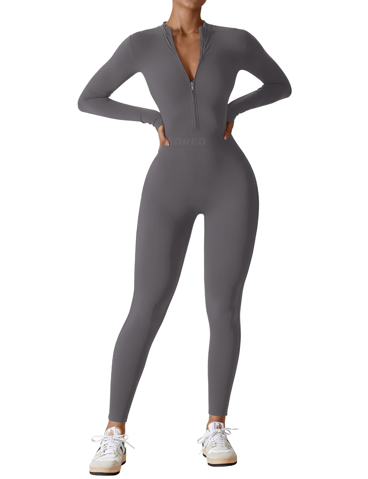 Women's Long Sleeve Workout Jumpsuit - Zip Up Bodycon Romper One Piece