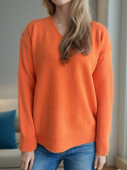 V-Neck Dropped Shoulder Long Sleeve Sweater Orange One Size