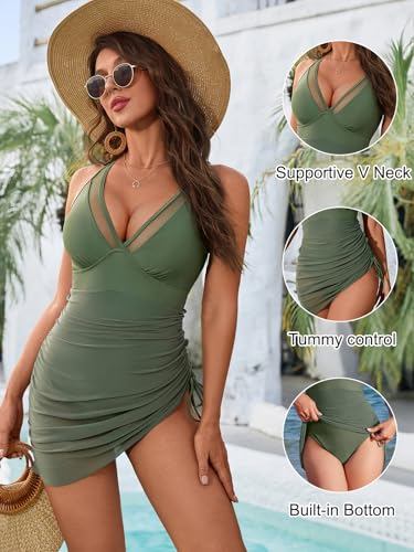 Blooming Jelly Women One Piece Swimsuits Tummy Control Swim Dress Slimming Modest V Neck Swim Suits (L, Army Green)