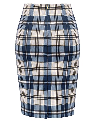 Kate Kasin Womens Pencil Skirt Knee Length Elastic Waist Stretchy Bodycon Business Plaid Skirt-Plaid Blue L