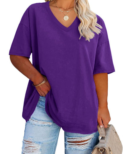Cato Fashions Online - Women's Plus Size V-Neck Cotton T-Shirts - Summer Half Sleeve Casual Loose Fit Tunic Tops Purple