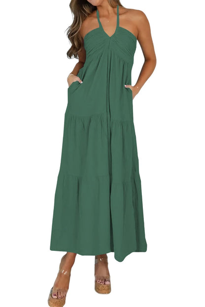 Blue Casual Dresses - Women's Halter Tiered Maxi Dress - Vacation Casual with Pockets Medium Forest Green