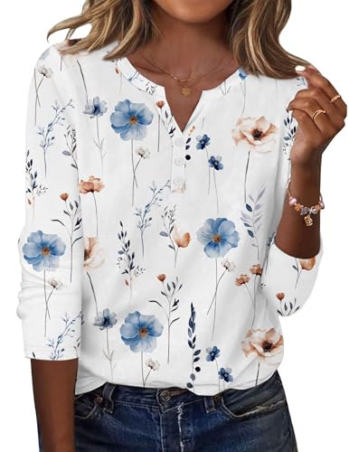 Zeagoo Long Sleeve Shirts for Women Casual Henley V Neck Fall Tops Business Work Blouses Clothes Floral White