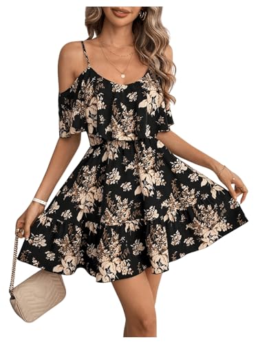 SOLY HUX Women's Boho Floral Print Cold Shoulder Dress Short Sleeve Ruffle A Line Vacation Elegant Mini Dresses Black Large