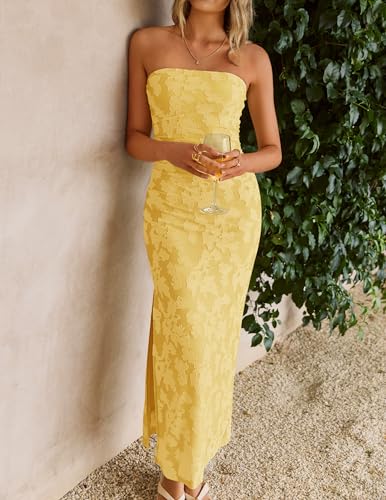 ZESICA Women's 2026 Summer Floral Strapless Maxi Sun Dress Bodycon Beach Vacation Wedding Guest Formal Cocktail Party Dresses, Yellow, S