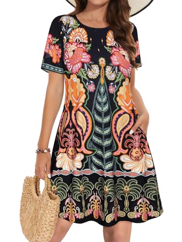 elescat Sun Dress Cotton Loose Fit Short Sleeve Sundress Women Fashion Swing Tunic Dress (Yellow Flower,L)