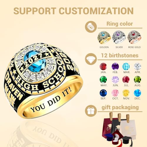 PhaedraOona Class Rings 925 Sterling Silver Personalized Men's Class Ring - Custom Graduation Ring - Perfect High School Graduation Gift for 2026 (Gem Halo-Gold)