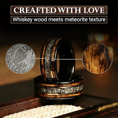 Risty Olivo Men’s Tungsten Wedding Band - 8mm Black Comfort Fit Meteorite Ring with Whiskey Wood Inlay - Rustic Handmade Tungsten Rings for Special Occasions and Meaningful Gifts - (120, Size 9)