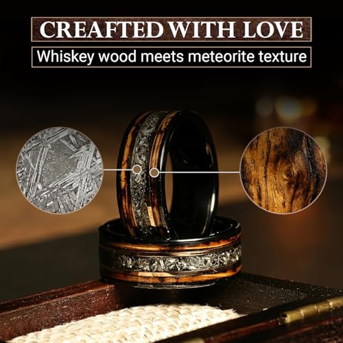 Risty Olivo Men’s Tungsten Wedding Band - 8mm Black Comfort Fit Meteorite Ring with Whiskey Wood Inlay - Rustic Handmade Tungsten Rings for Special Occasions and Meaningful Gifts - (120, Size 9)