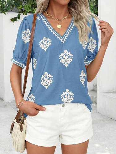 BTFBM Casual Summer T Shirts Going Out Tops for Women Beach Vacation Clothes Short Sleeve Blouses V Neck Boho Tunicss(Light Blue Apricot Flower,Large)