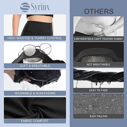 Syrinx 3 Pack Plus Size Leggings with Pockets for Women - High Waisted Tummy Control Spandex Soft Black Workout Yoga Pants