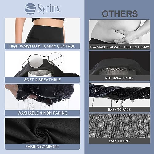 Syrinx 3 Pack Plus Size Leggings with Pockets for Women - High Waisted Tummy Control Spandex Soft Black Workout Yoga Pants