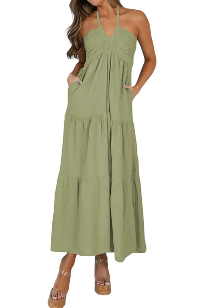 Blue Casual Dresses - Women's Halter Tiered Maxi Dress - Vacation Casual with Pockets