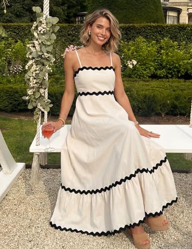ZESICA Women's 2025 Summer Spaghetti Straps Sleeveless Backless Sundress Flowy Smocked Lace Swing A Line Midi Dress,Apricot,Small
