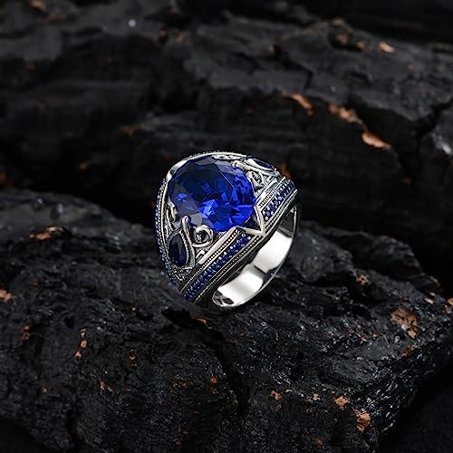 PYTALI Sapphire Ring for Men S925 Sterling Silver Vintage Pattern Oval Blue Sapphire 13 * 17mm Handmade for Men’s Ring Luxury Jewelry Gift Wedding Engagement Band (Non-Personalized, 10)