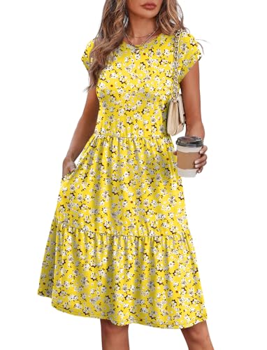 Spring Dresses for Women Summer Dresses for Women 2026 Beach Vacation 2026 Sundresses Floral Boho Dress Cap Sleeve Travel Outfits Hawaiian Graduation Midi Dress Yellow White Beach M