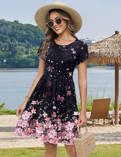 Zeagoo Beach Dress Women Short Sleeve Casual Floral Print A-Line Swing Mini Beach Sundress with Pockets Hawaiian Tropical Vacation Crew Neck