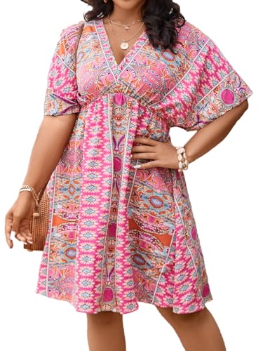 Floerns Women's Plus Size Wrap V Neck Short Sleeve Ruffle Hem A Line Short Dress Pink Tribal 2XL