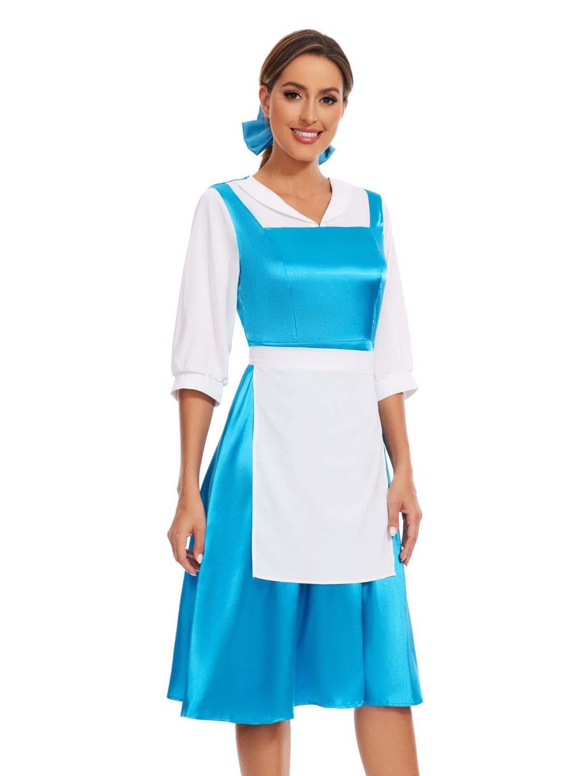 Women's Belle Costume - Blue Maid Dress with Apron and Hair Bow
