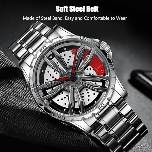 RORIOS Car Hub Design Watch Men’s Analogue Quartz Watches 3ATM Waterproof Wrist Watch Fashion Cool Watch for Men with Stainless Steel Strap