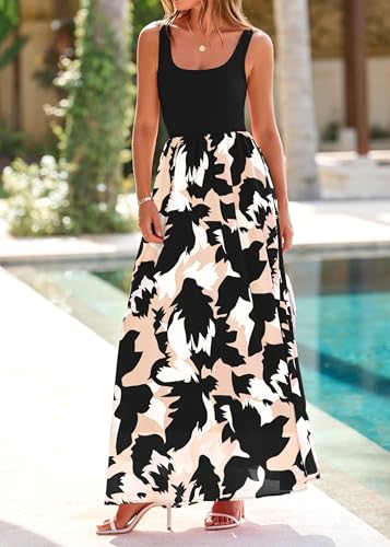 KIRUNDO Women Summer Sleeveless Boho Floral Maxi Dress 2026 Scoop Neck Tank A Line Flowy Beach Vacation Resort Wear Sundress(Black, Large)