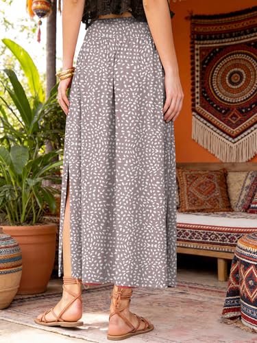 ANRABESS Women's Maxi Skirts, Soft Flowy Boho Floral, Long Casual Side Slit Skirt, Perfect for Beach, Vacation & Summer Gray Khaki Polka Dot Medium