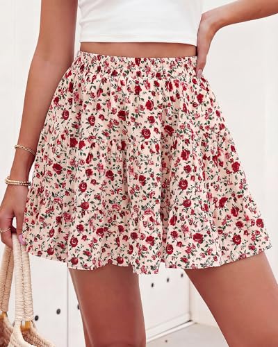 BTFBM Summer Skirts for Women 2026 Floral High Waist Shorts Underneath Boho Tiered Flowy Tennis Skorts Casual Mini Skirt(Floral Apricot Red, Small)