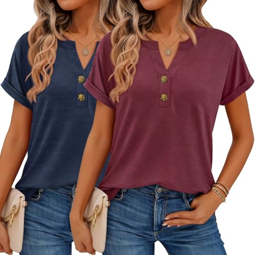 Women Tops 2 Pack Shorts Sleeve Shirts V Neck Henley Tops Spring Summer Trendy Casual Blouses Vacation Women Clothes 2026